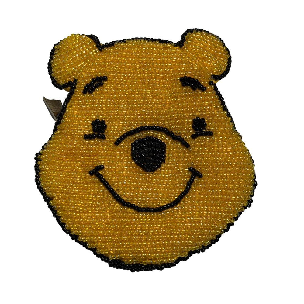 VTG Disney Winnie the Pooh Coin Purse Yellow Beaded Character Head Zipper Pouch